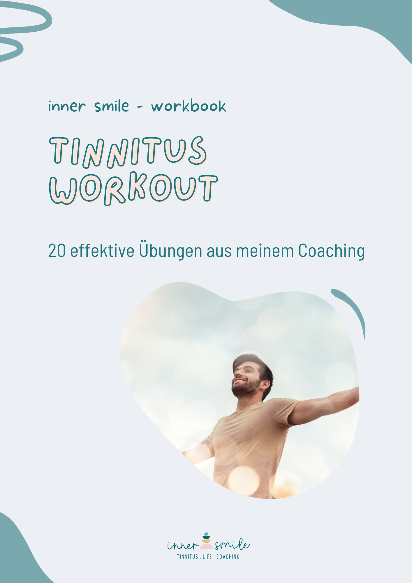 Titelseite des Workbooks, Glücklicher Mann streckt beide Arme zum Himmel