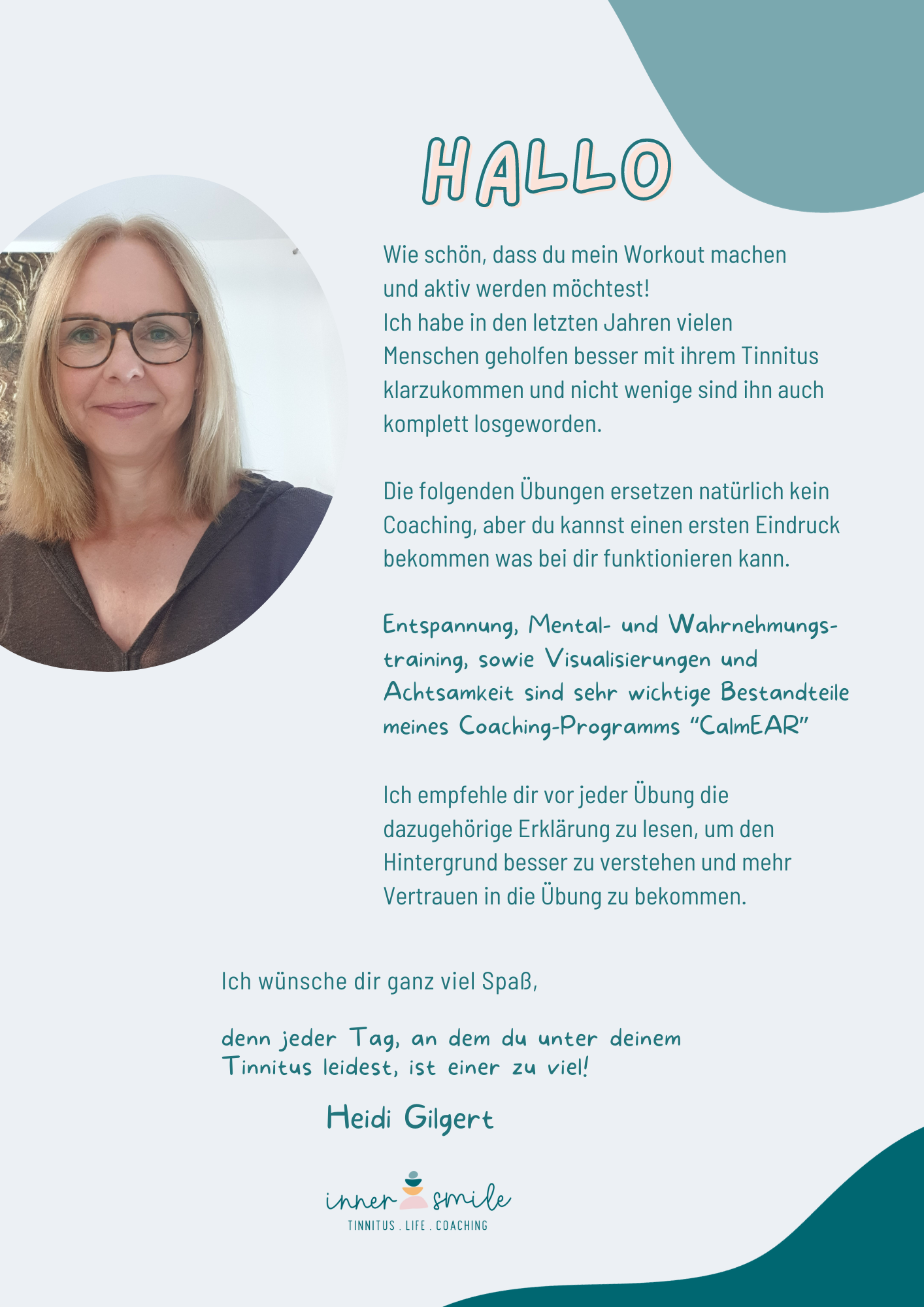 Begrüßungsseite des Workbooks mit Bild von Heidi Gilgert